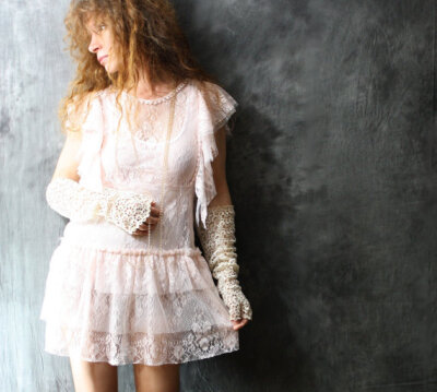Vintage Pixie Fairy Sheer Lace Layering Dress with Tiered Skirt
