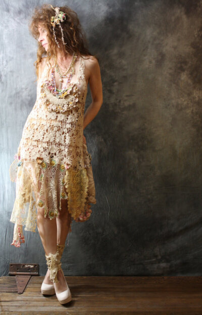 Romantic Bohemian Fairy Layering Crochet Lace Dress Pansies Tea Dyed Vintage Doily Reconstructed Upcycled