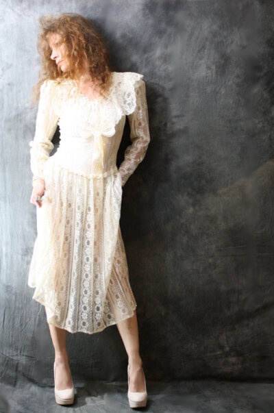 Vintage 1980s Dress // Victorian Sailor Style, Sheer Ivory Netted Lace, Drop Waist