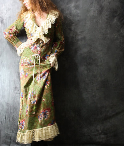 Vintage 1970s Hippie Victorian Lace Up Maxi Dress Lace Neckline Cuffs and Hem Pretty Maiden