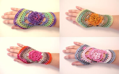 Lace Crochet Fingerless Gloves - Crochet mittens - Wrist warmer - Winter gloves, multicolor gloves, gifts for her, green and orange