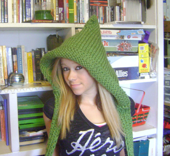 Knitted Hood Hat, Elfin Hood in Green