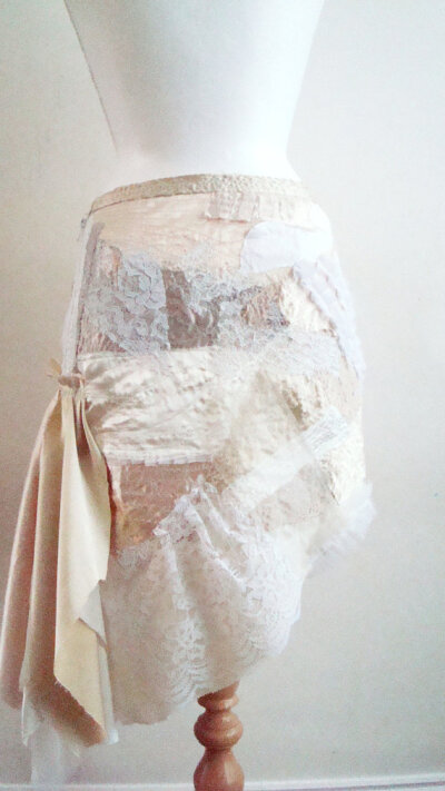 Upcycled Skirt Woman's Clothing Champagne Ivory Cream White Ruffles Lace Chiffone Layers Mori Girl