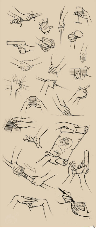 手持不同物体手绘图〗关于手的各形体画法参考，非常经典～