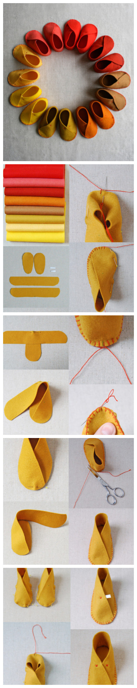 材料：不织布 剪刀 胶水 针线 将不织布剪成如上图所示的一共四个部分 将其中的一个带子这样子折起来，用针线缝合边上 注意这边的缝制针法以及折的方法 其实就是很简单的把鞋底以及鞋面交叉着缝制在一起 比较需要注意的就是缝制方法了
<br />鞋边缝制好之后，用这样子的十字针法在鞋子上面缝上两针就好啦