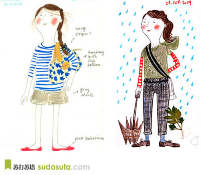 来自巴西插画师Mariana的一组有趣的绘本日记。清新自然的彩铅手绘记录了每天的服装，主题是“今天我穿了什么”。绘本从09年开始，用简单的线条描绘出每天的着装行头。并清楚的标注了颜色，花色和面料。