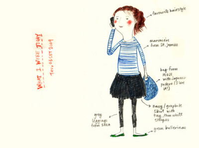 来自巴西插画师Mariana的一组有趣的绘本日记。清新自然的彩铅手绘记录了每天的服装，主题是“今天我穿了什么”。绘本从09年开始，用简单的线条描绘出每天的着装行头。并清楚的标注了颜色，花色和面料。