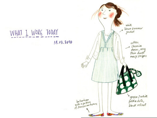 来自巴西插画师Mariana的一组有趣的绘本日记。清新自然的彩铅手绘记录了每天的服装，主题是“今天我穿了什么”。绘本从09年开始，用简单的线条描绘出每天的着装行头。并清楚的标注了颜色，花色和面料。