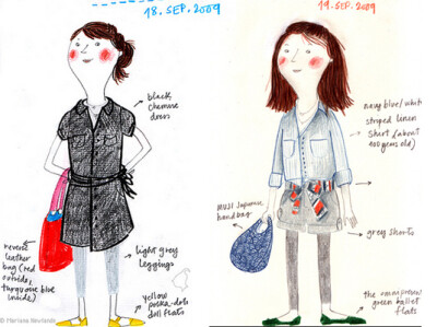 来自巴西插画师Mariana的一组有趣的绘本日记。清新自然的彩铅手绘记录了每天的服装，主题是“今天我穿了什么”。绘本从09年开始，用简单的线条描绘出每天的着装行头。并清楚的标注了颜色，花色和面料。