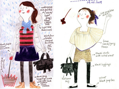 来自巴西插画师Mariana的一组有趣的绘本日记。清新自然的彩铅手绘记录了每天的服装，主题是“今天我穿了什么”。绘本从09年开始，用简单的线条描绘出每天的着装行头。并清楚的标注了颜色，花色和面料。