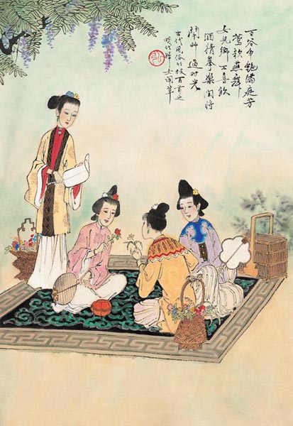 《古代风俗百图》二十四、明·斗百草 百花争艳满庭芳，莺歌燕舞女儿乡。不喜饮酒猜拳乐，闲将斗草过时光。 明翟佑《四时宜忌》：“《荆楚记》曰：三月三日，四民踏百草。时有斗百草之戏，亦祖此耳。”高启《斗草》诗：“摘拾遍丛丛，铺茵曲槛东。众家谁得？胜独有并红