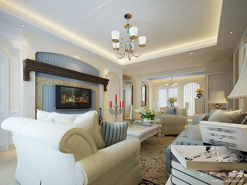 客厅的效果图 太喜欢这种感觉了。整体贯穿蓝色调，像蓝天又像大海，试图为居住者营造：让人充满了罗曼蒂克向往的生活