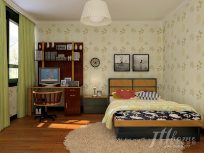 米色植物壁纸搭配绿色窗帘，地面采用的是实木地板，烘托出温暖舒适的居室效果。