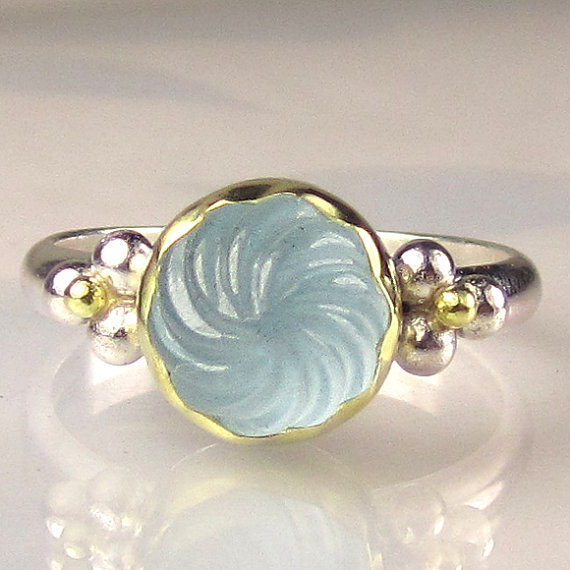 Carved Aquamarine Ring - 18k Gold and Sterling