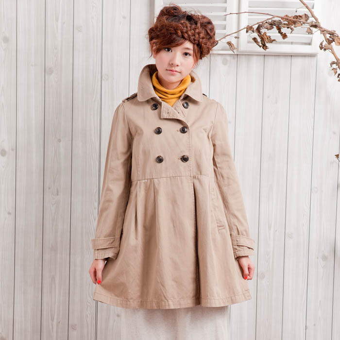 MU秋装原创甜美森林系女双排扣卡其色中长款风衣外套