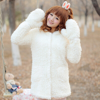 媚婍日系甜美羊羔绒熊耳朵毛绒外套大衣(件套）