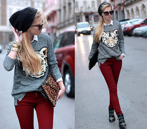 Pull And Bear Sweatshirt, Zara Jeans, Stradivarius Ankle Boots, H&M Beanie, Blanco Clutch, Bershka Shirt