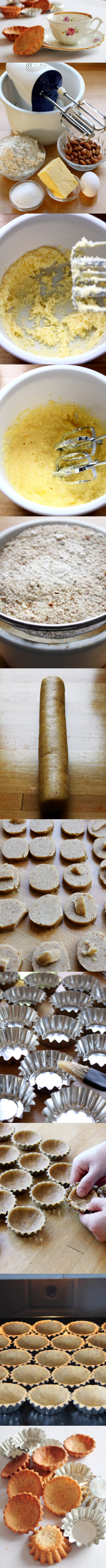 材料（可以做16个）：黄油80克，糖粉80克，鸡蛋1个，低筋面粉250克，杏仁粉 100克 1、 用打蛋器将黄油和糖打发。 2、 打入鸡蛋，搅拌均匀，至鸡蛋与黄油完全融合。 3. 筛入面粉。 4.  用橡皮刮刀拌匀，使粉类和黄油完全混合，并搓成长条；包上保鲜膜，放进冰箱醒上12-24小时。 5.    第二日取出长条，分割成28等份。 <br />6.  将sandkaker的模具刷上一层薄薄的食物油 <br />7.    取一小份按压到模具里 <br />8.   放进预热到180度的烤箱内，烤18分钟左右，出炉后放在架上散热。