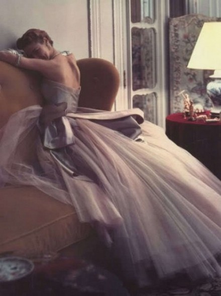 Jean Patchett in a tulle evening gown photographedy by Norman Parkinson for Vogue, 1950~