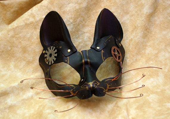 Black and Violet Leather Steampunk Cat Dinah Alice in Wonderland Inspired Cosplay Masquerade Cat Mask