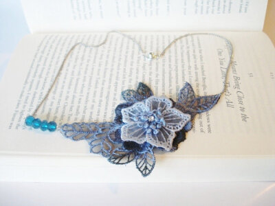 Lace Necklace, Women accessory, 3D Flower, Blue, Teal