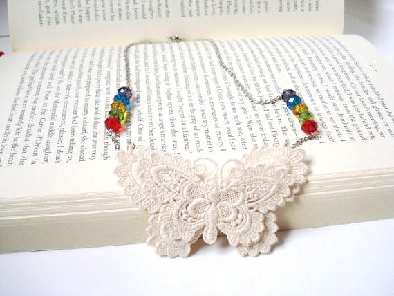 Ivory Butterfly Lace Necklace, Women accessories, 3D Butterfly, Rainbow