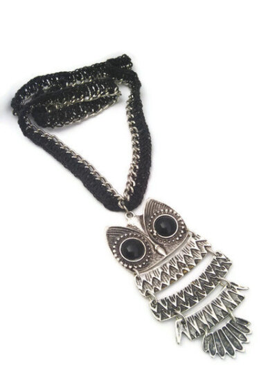 Free Shipping.. OOAK..Owl Leather knitting chain necklace.