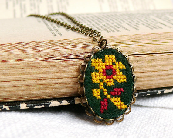 Hand embroidered necklace cross stitch amber flower on dark green felt