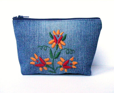 Hand embroidered denim pouch folk Hungarian motifs floral orange red blue