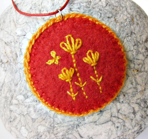 Hand embroidered necklace floral butterfly red orange