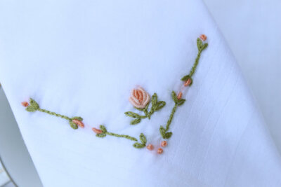 Hand Embroidered Peach Rosebud Handkerchiefs