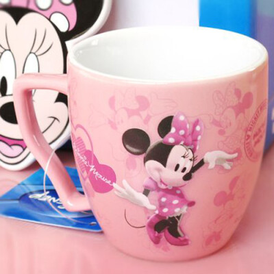 迪士尼Disney卡通杯米妮陶瓷杯马克杯可爱咖啡杯带杯垫