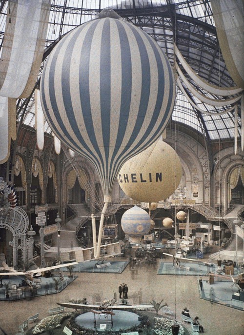 The first air show at the Grand Palais in Paris, France. September 30th, 1909. Photographed in Autochrome Lumière by Léon Gimpel.