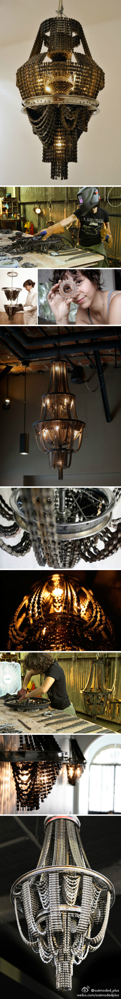 艺术家Carolina Fontoura Alzaga用再生自行车零件创造的灯具，完美呈现自行车朋克文化。超美好啊~