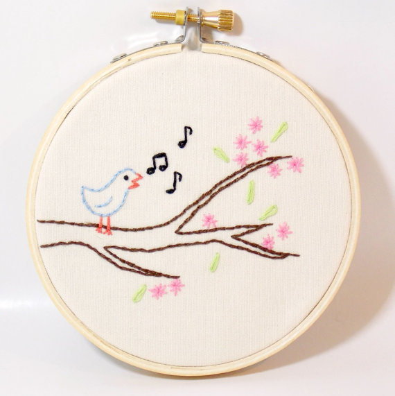 Song Bird on a Branch Small Wall Art Embroidery Hoop 4 inch pink flowers springtime