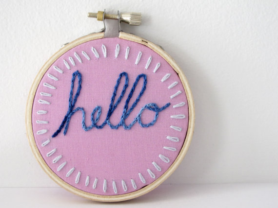 Embroidery Hoop Wall Art - Hello with daisy stitch in orchid, marine, and sky blue