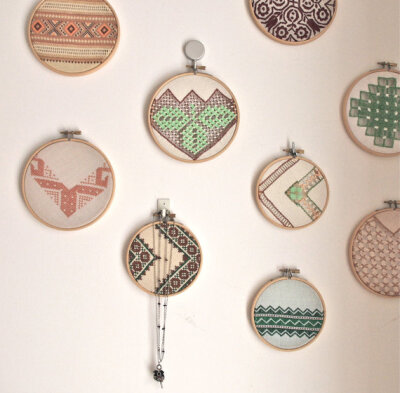 Vintage embroidered leaves wall art hoop