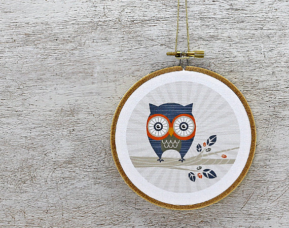 Owl Embroidery Hoop Art: Hoot Owl Nursery Art - Fabric Wall Hanging, Navy Blue, Orange, Grey, Tree Branch, Leaf, Kids, Ready to Hang