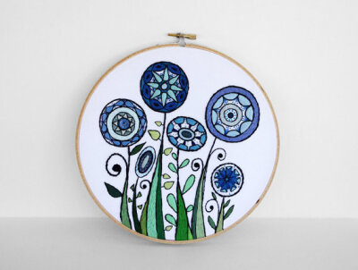 Flowers Embroidery Hoop Art, Blooms and Swirls in Blue and Green, 8 inch Hoop Wall Art by SometimesISwirl