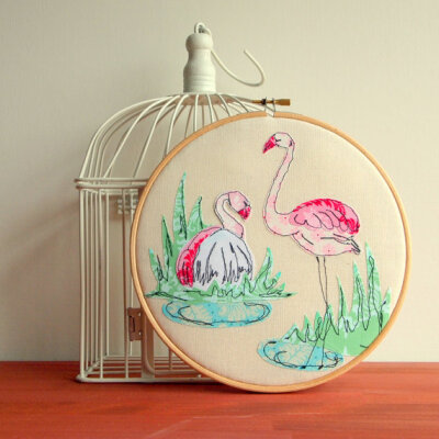 Pink Flamingo Embroidery Hoop Art