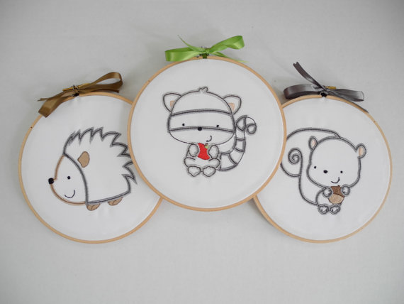 forest friends room decor nursery wall hanging hoop art set of 3