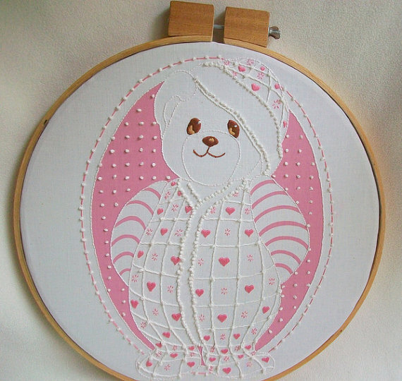 Nursery Wall Hoop Art Vintage Embroidery Pink and White Teddy Bear Vintage