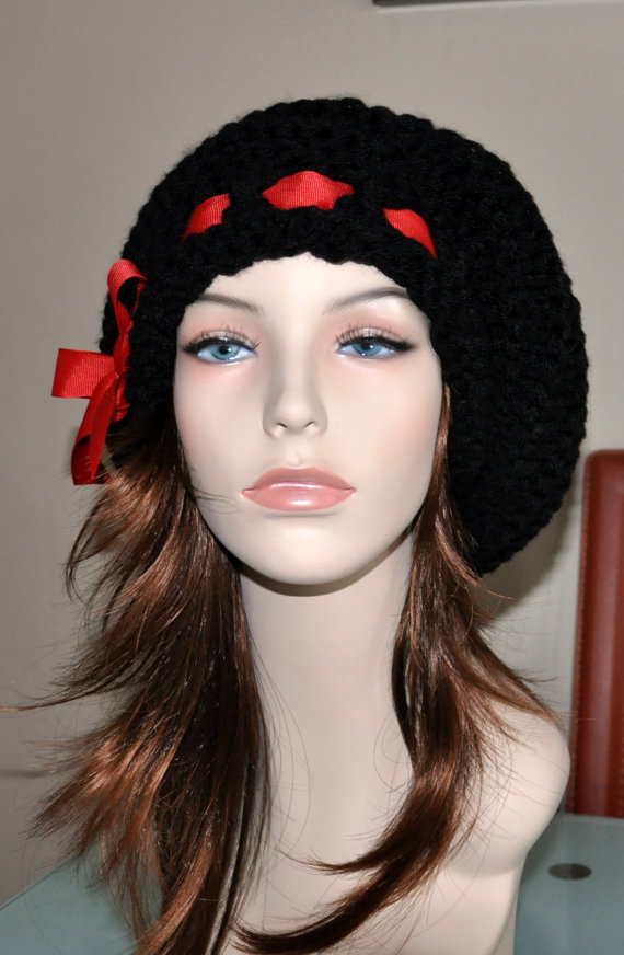 Slouchy Beanie Slouch Hat Oversized Black Beret CHOOSE COLOR Knit Crochet Black Scarlet Red Ribbon Winter Fashion Girly Gift under 50