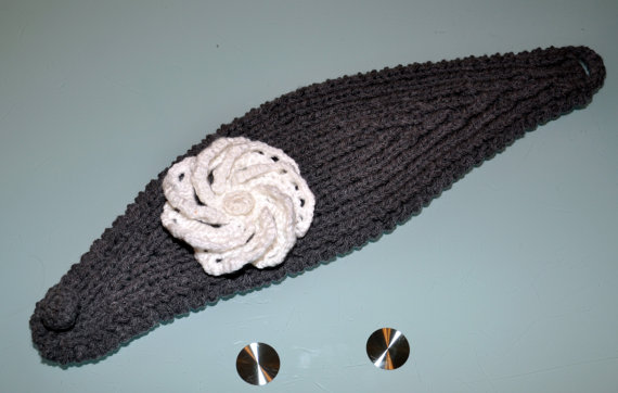 Crochet HEADBAND Ear warmer 100% WOOL Headwrap Choose COLOR Cozy Gray White Flower hat Silver Ash Cloud Earth Neutral Girly Romantic Gift