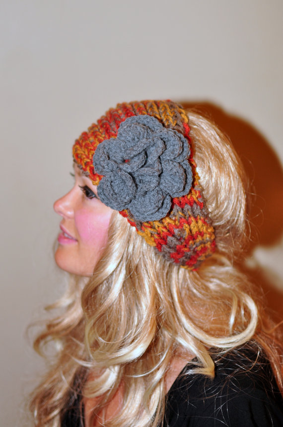 Crochet HEADBAND Ear warmer head wrap Earwarmer CHOOSE COLOR Pumpkin Print Gray Grey Gray Red Pumpkin Crochet Flower Hat Girly Gift under 50