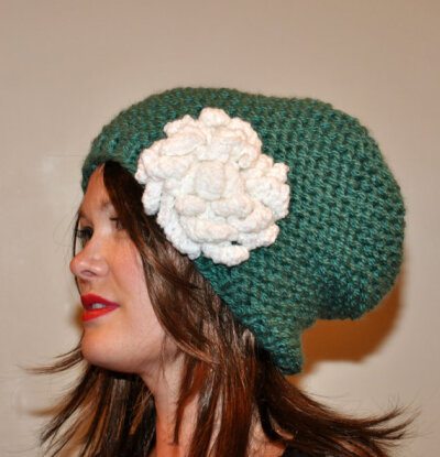 Slouch Beanie Slouchy Hat Crochet flower Hand Knit Winter Adult Teen Wool CHOOSE COLOR Chunky Green Sage Wood White