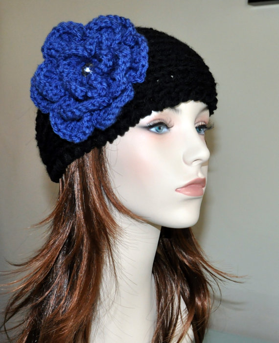 Black Crochet Headband CHOOSE COLOR Crystal Blue Flower Knitted Ear Warmer Hat head bands Hair Coverings Head Warmer Gift under 50