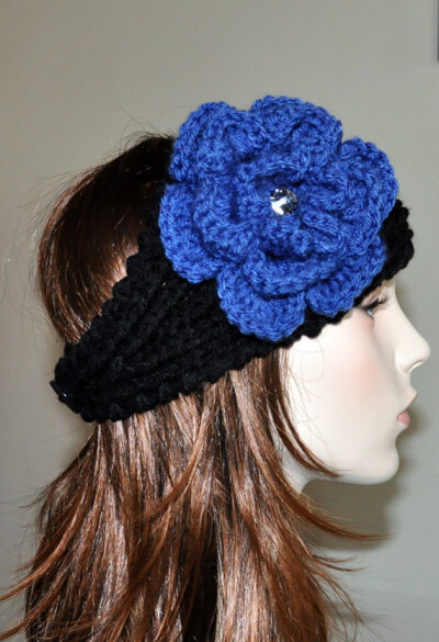 Black Crochet Headband CHOOSE COLOR Crystal Blue Flower Knitted Ear Warmer Hat head bands Hair Coverings Head Warmer Gift under 50