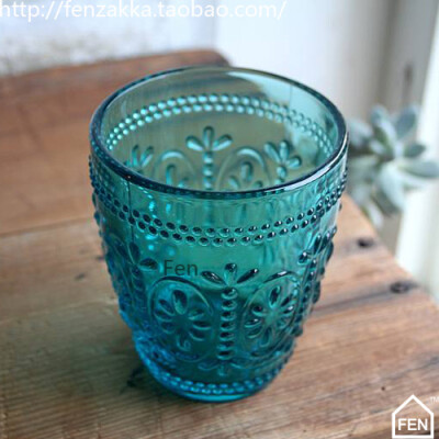 FEN ZAKKA 静芬杂货 欧式复古刻花浮雕玻璃水杯（蓝色）