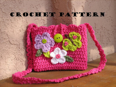 Girls Bag / Purse with Butterfly and Flowers, Crochet Pattern PDF,Easy, Great for Beginners, Pattern No. 13